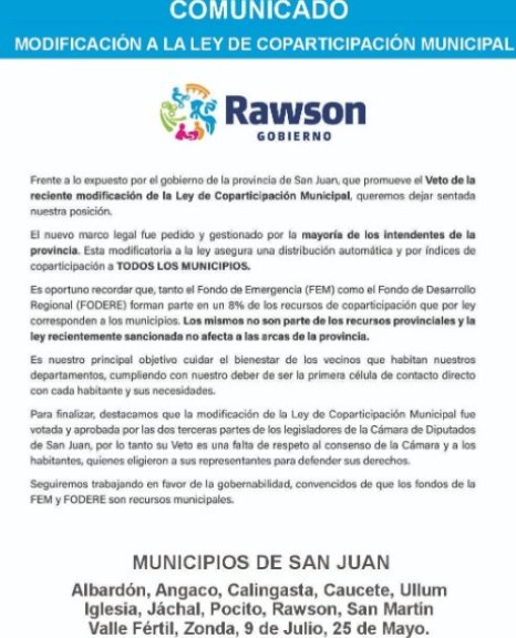 RAWSON CONTRA EL VETO A LA MODIFICACI&Oacute;N DE LEY DE COPARTICIPACI&Oacute;N