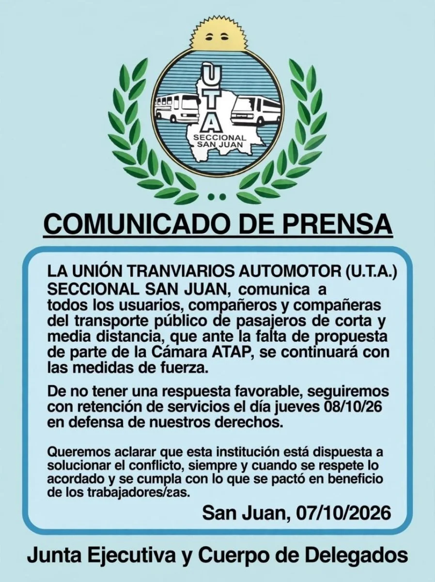 Comunicado de Prensa UTA San Juan
